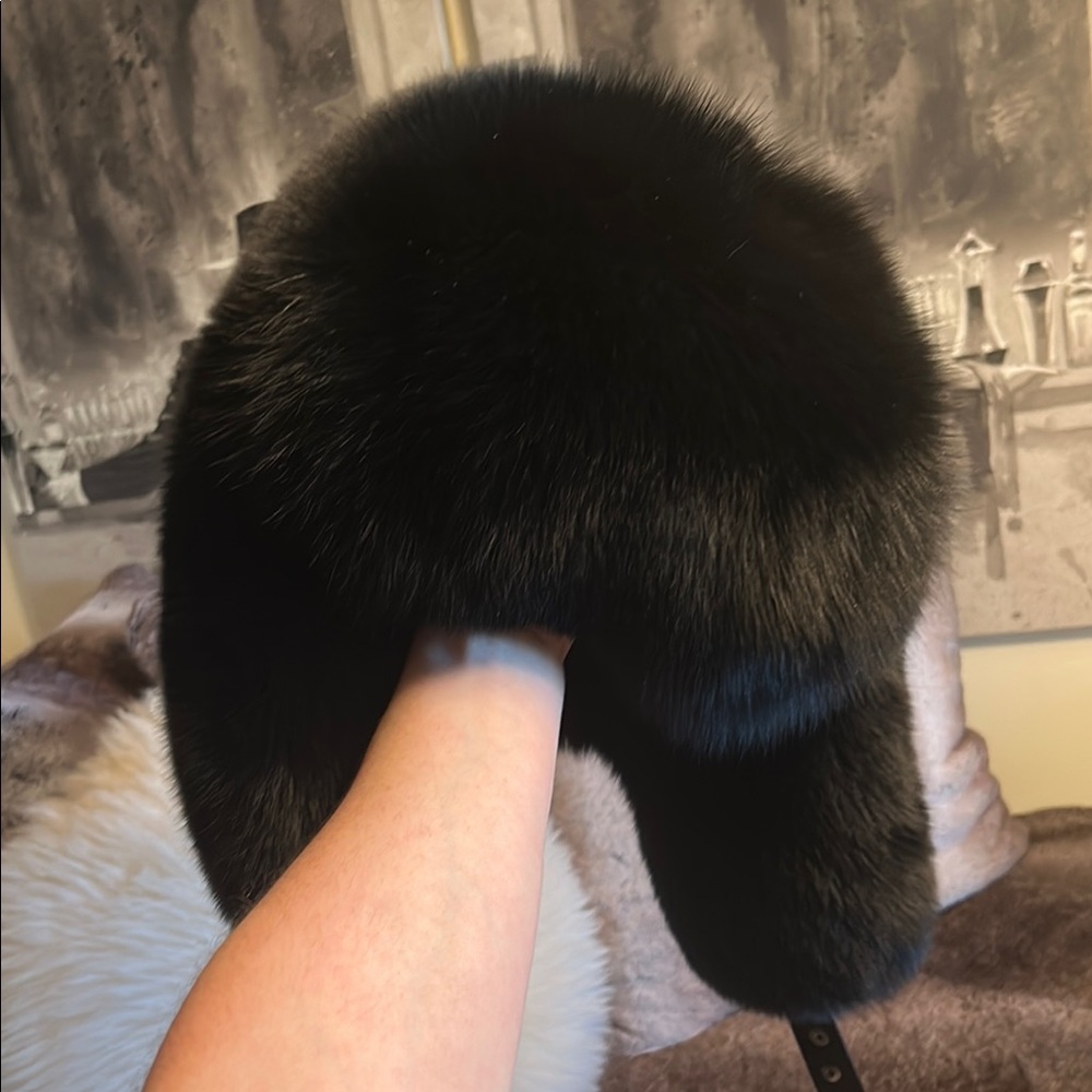 Shadow blue fox fur ushanka trapper hat in black (adjustable)(Saga Furs)